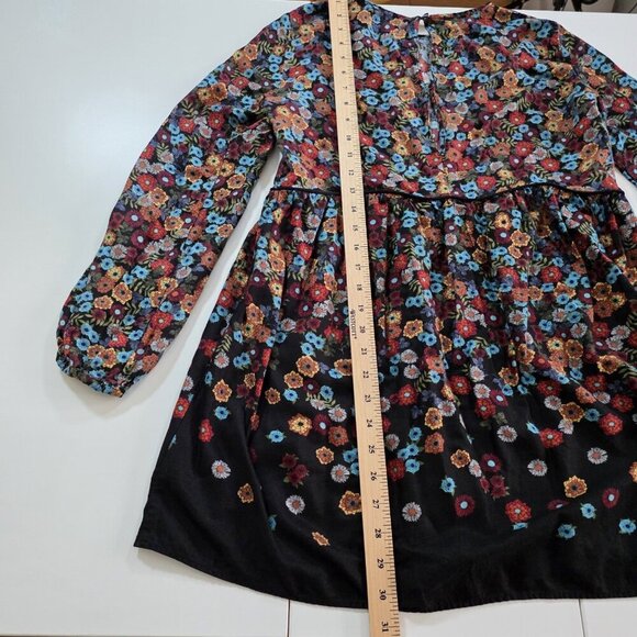 Zara Trafaluc Tunic Women M Black Floral LS Whimsigoth Boho Empire Waist Flowy - Picture 8 of 15
